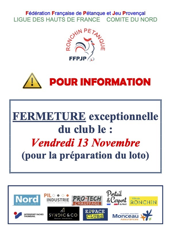 Fermeture exceptionnelle du club le 13 novembre